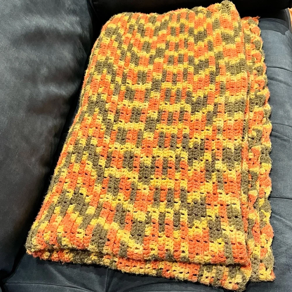 Vintage ca 70s Handmade Orange, Green, and Yellow Crocheted Afghan Blanket